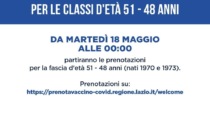 REGIONE: VACCINI, DA LUNEDI' PRENOTAZIONI DAI 48 AI 51 ANNI