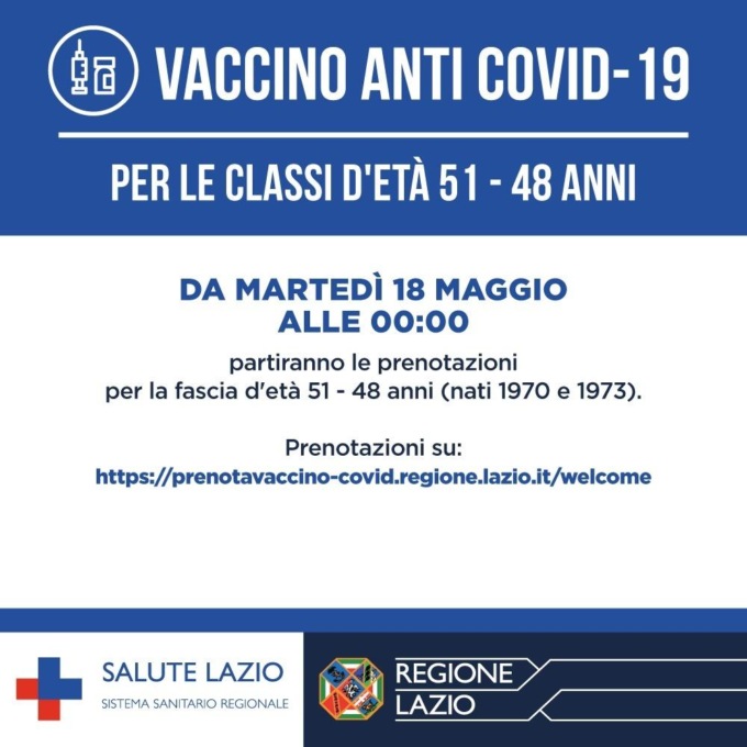 REGIONE: VACCINI, DA LUNEDI’ PRENOTAZIONI DAI 48 AI 51 ANNI