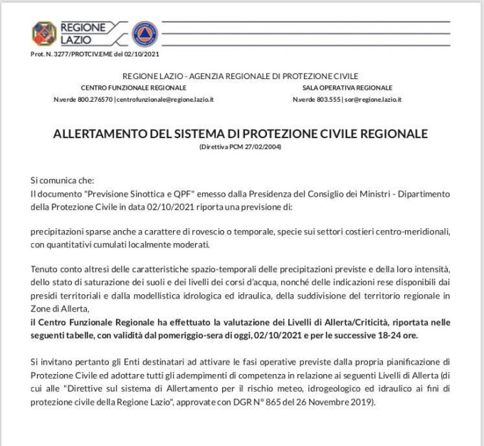 ALLERTA METEO SUL LAZIO