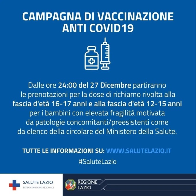 REGIONE: RICHIAMO 12-17 ANNI, LUNEDI’ LE PRENOTAZIONI