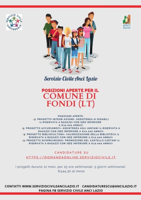 FONDI: BANDO PER VOLONTARI DI SERVIZIO CIVILE