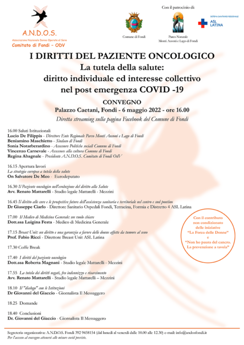 FONDI: A.N.D.O.S., CONVEGNO SUI DIRITTI DEL PAZIENTE ONCOLOGICO