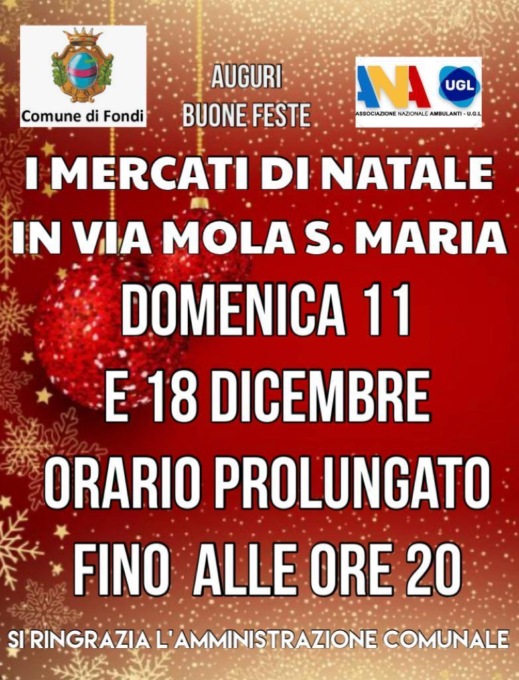 FONDI: GLI ORARI DEL MERCATO DELL’11 E 18 DICEMBRE