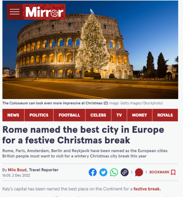 ROMA: “MIRROR”, LA CAPITALE E’ LA META PREFERITA PER LE VACANZE INVERNALI