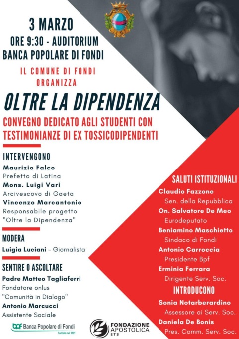 FONDI: “OLTRE LA DIPENDENZA”, CONVEGNO CON I RAGAZZI. LA TESTIMONIANZA DI EX TOSSICODIPENDENTI