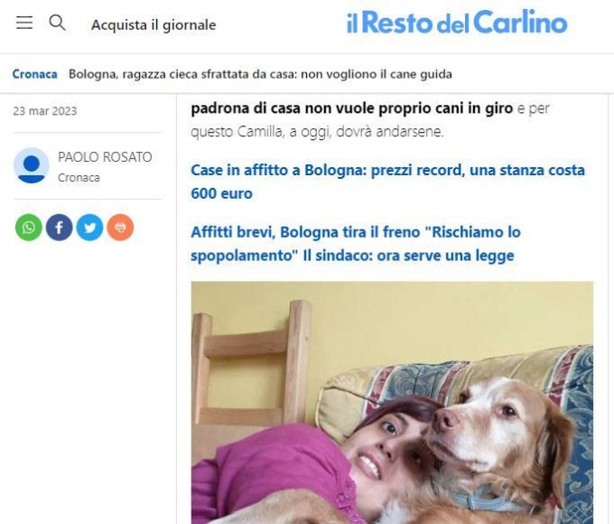 LATINA: CANE GUIDA IN CASA, NON VEDENTE SFRATTATA