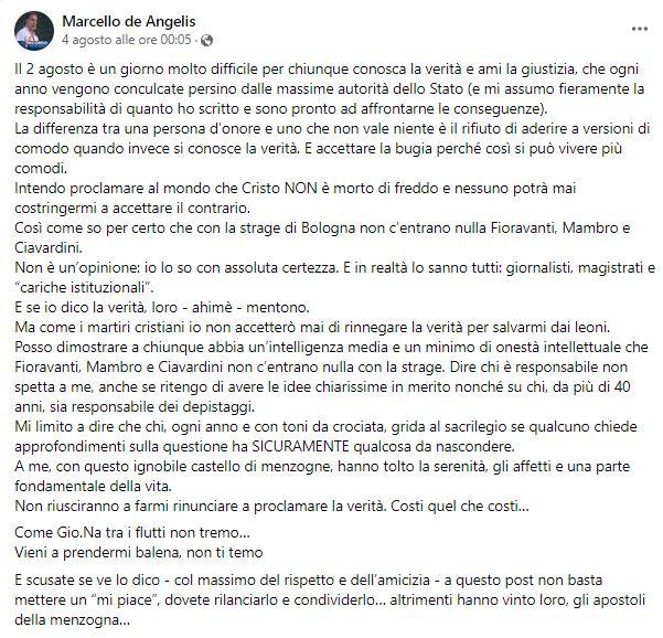 REGIONE: STRAGE DI BOLOGNA, POLEMICA PER DE ANGELIS