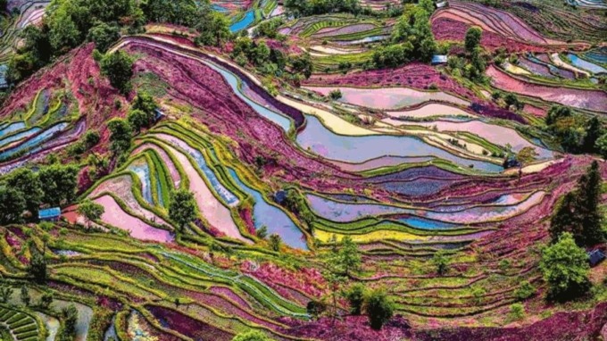 Vista aerea di una straordinaria terrazza nella Cina sud-occidentale