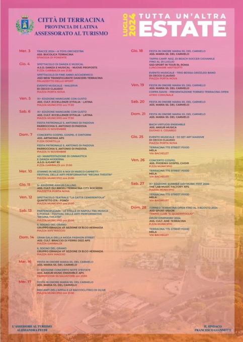 TERRACINA: LUGLIO, IL CALENDARIO DEGLI EVENTI