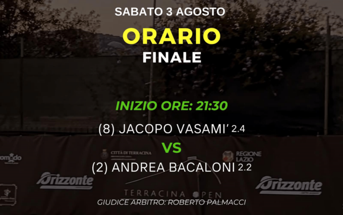 TENNIS: QUADRIFOGLIO, STASERA A TERRACINA LA FINALE TRA BACALONI E VASAMI’