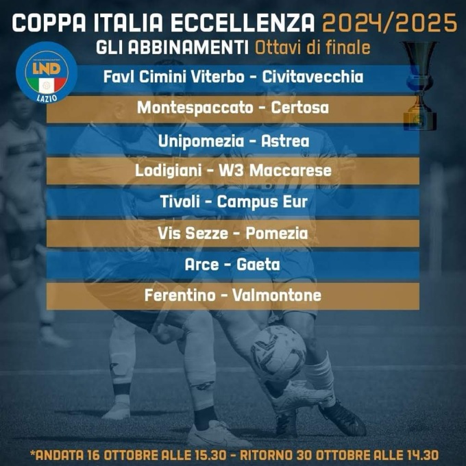 COPPA ITALIA ECCELLENZA: GLI ABBINAMENTI DEGLI OTTAVI DI FINALE