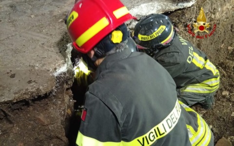 I Vigili del Fuoco liberano un cane intrappolato in un condotto idrico