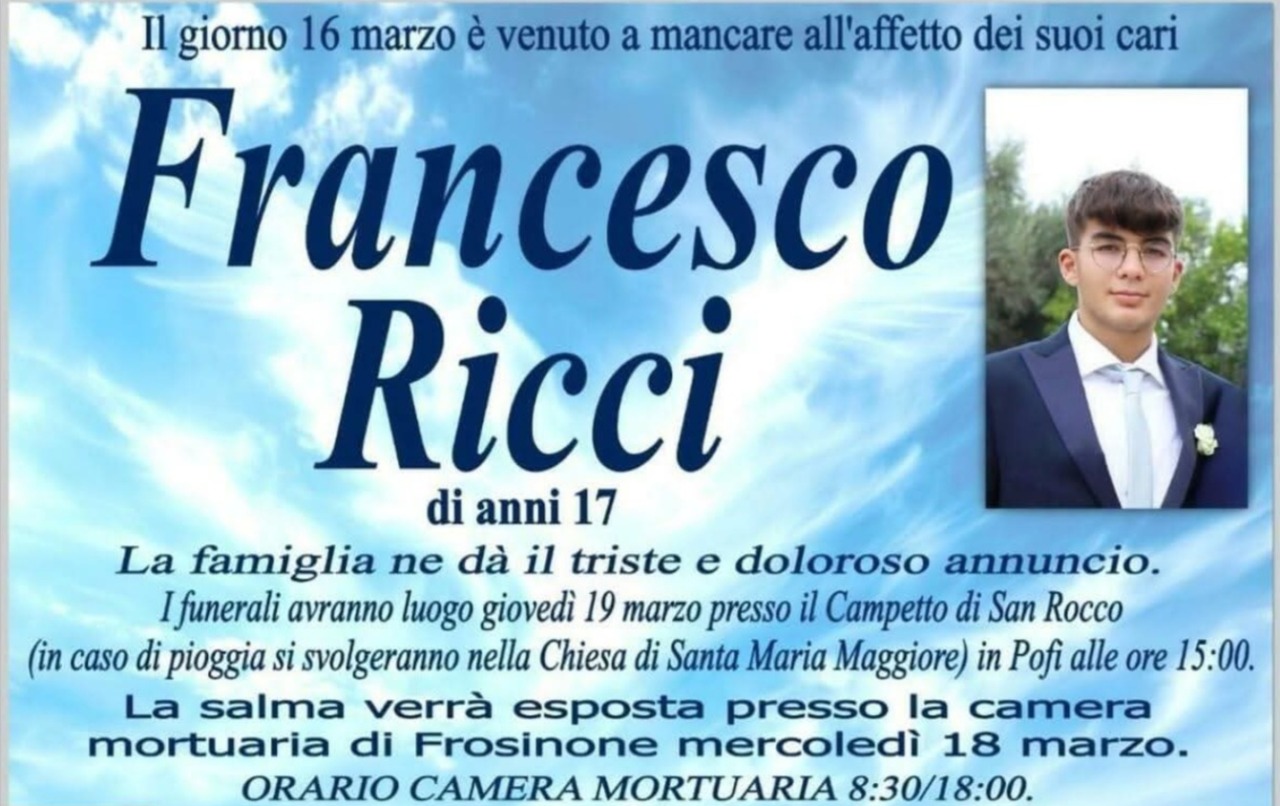 Domani i funerali del 17enne Francesco Ricci