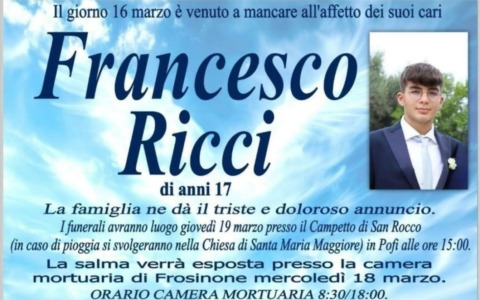 Domani i funerali del 17enne Francesco Ricci