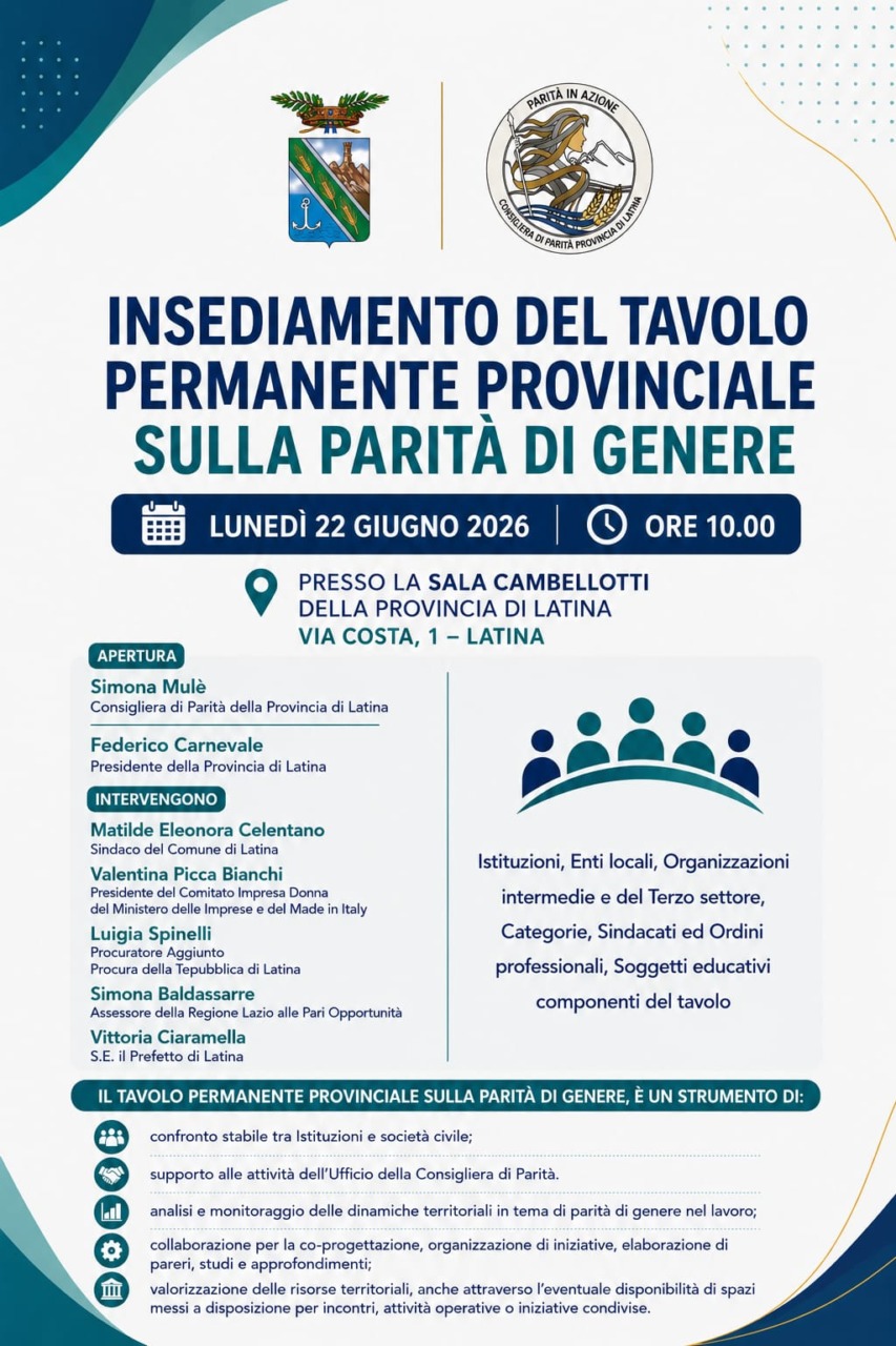 Tavolo Permanente Provinciale sulla Parità di Genere, lunedì la conferenza stampa