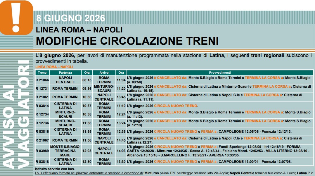 Blocco linea ferroviaria Roma-Napoli da Cisterna direzione Latina lunedì 8 giugno