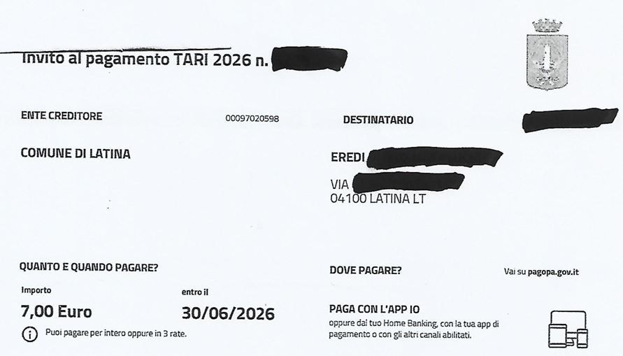 Muore il 19 gennaio del 2026, agli eredi 7 euro di Tari da pagare