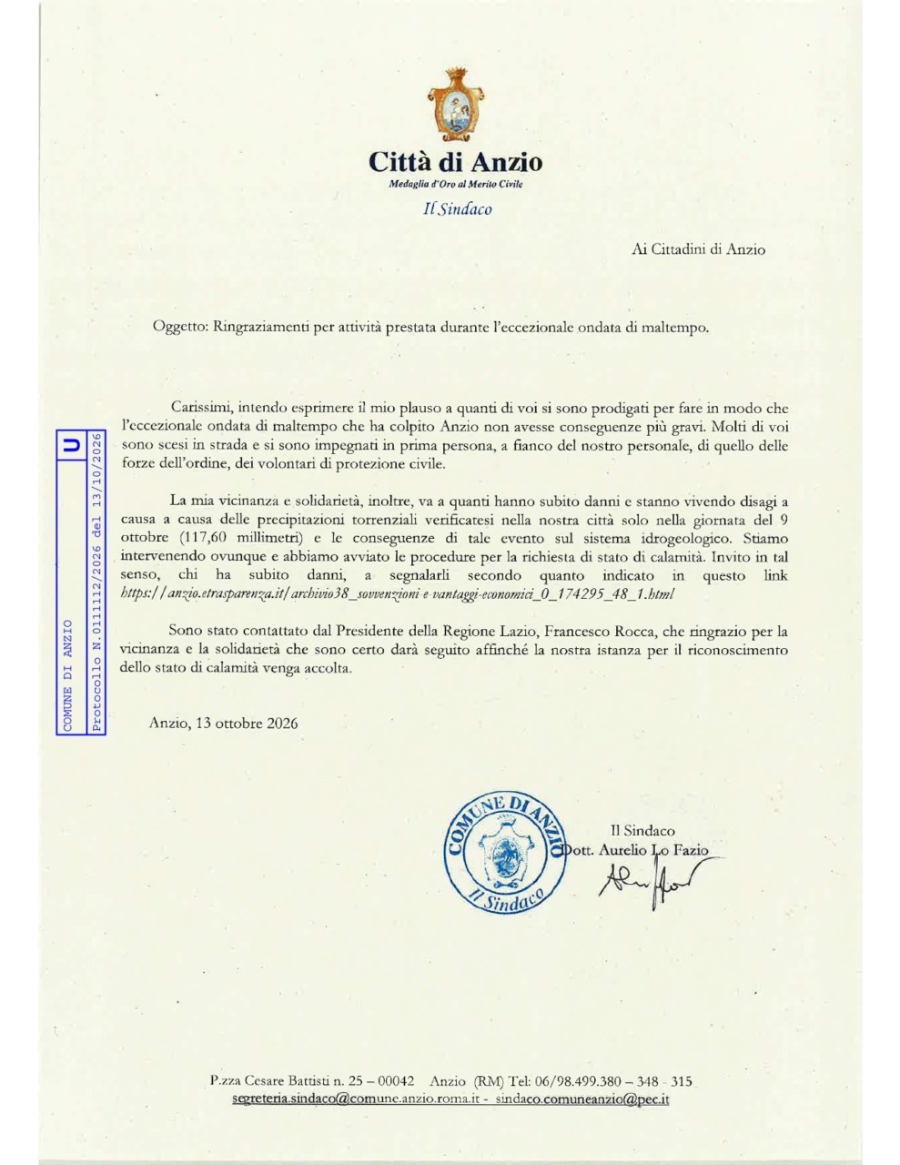 Maltempo: ringraziamento del sindaco