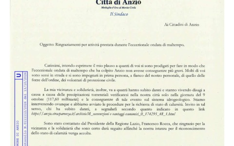 Maltempo: ringraziamento del sindaco