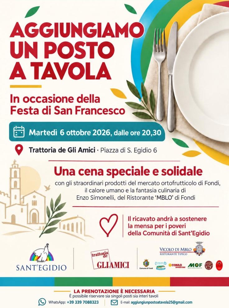 “Aggiungi un posto a tavola”, stasera la cena sociale della Comunità di Sant’Egidio
